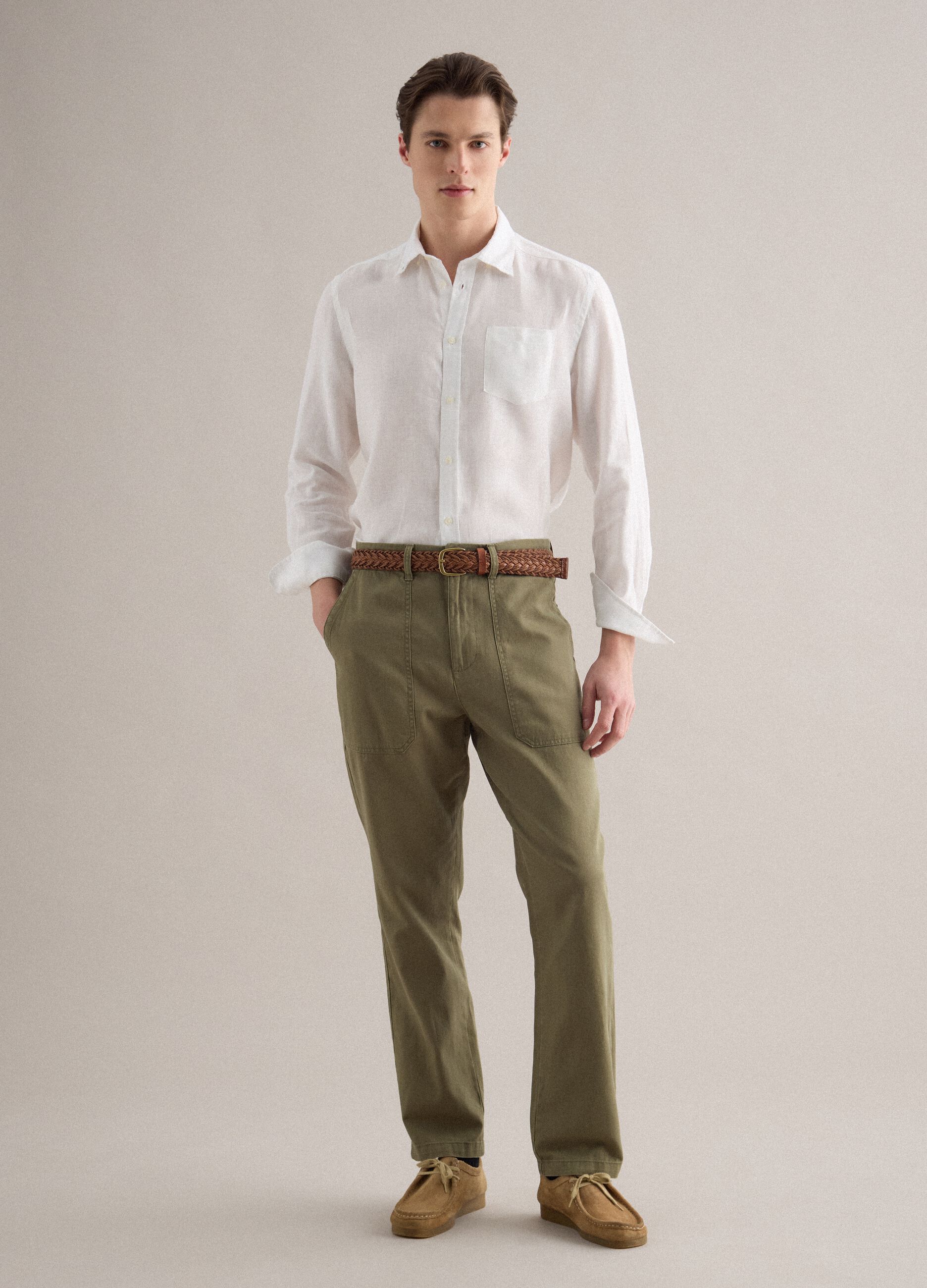 Green Cotton and Linen Trousers Regular Fit