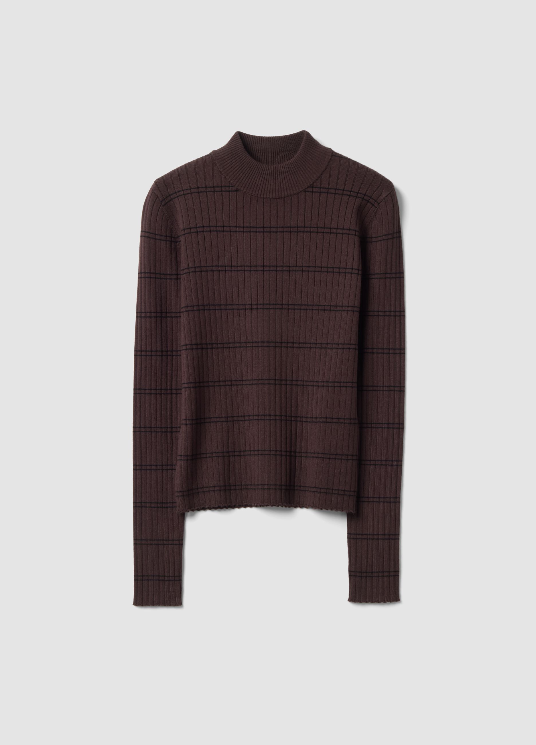 Brown fitted viscose-blend jumper with mock neck