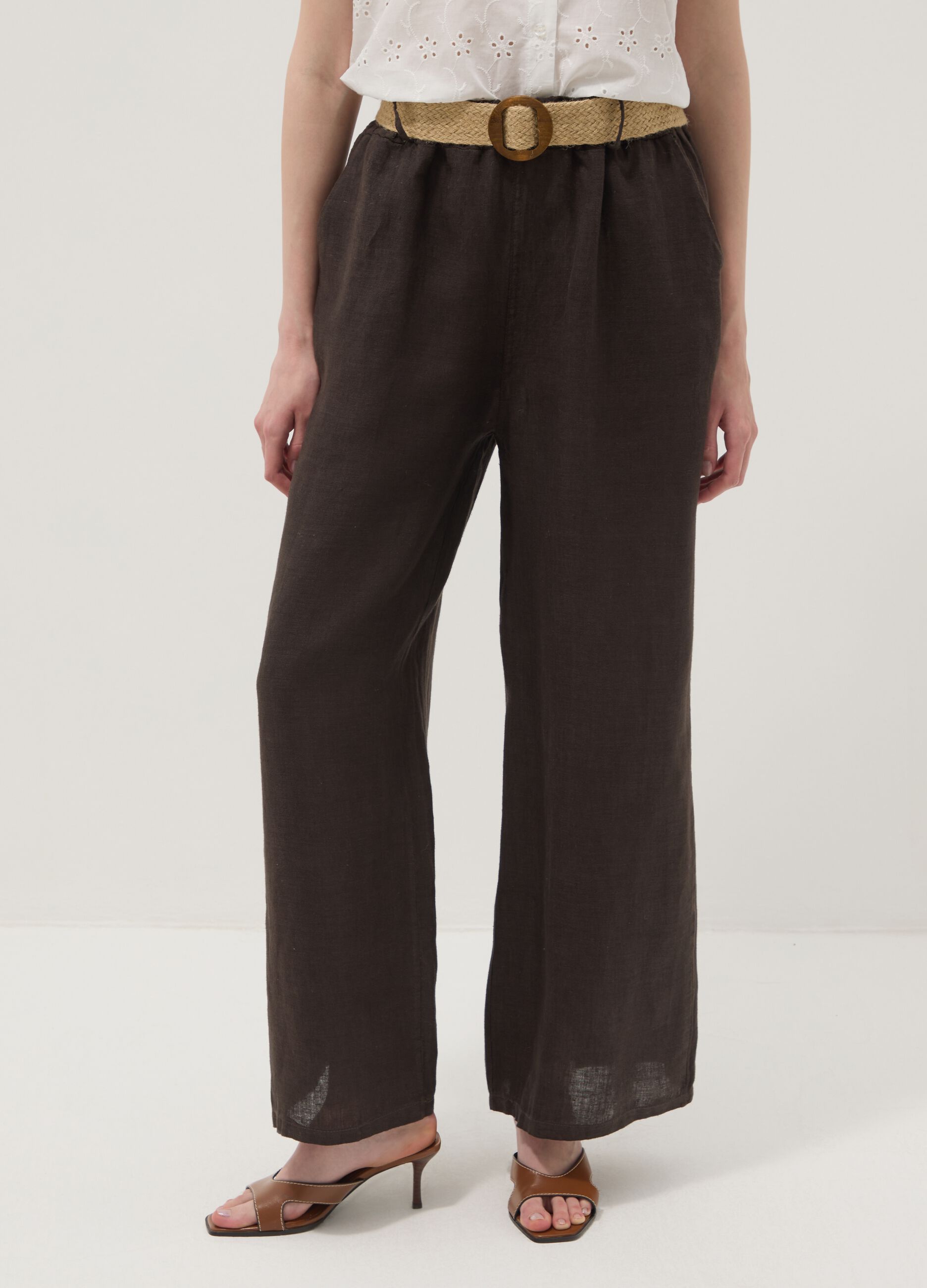 Braune Wide-Leg-Hose aus reinem Leinen mit elastischem Bund