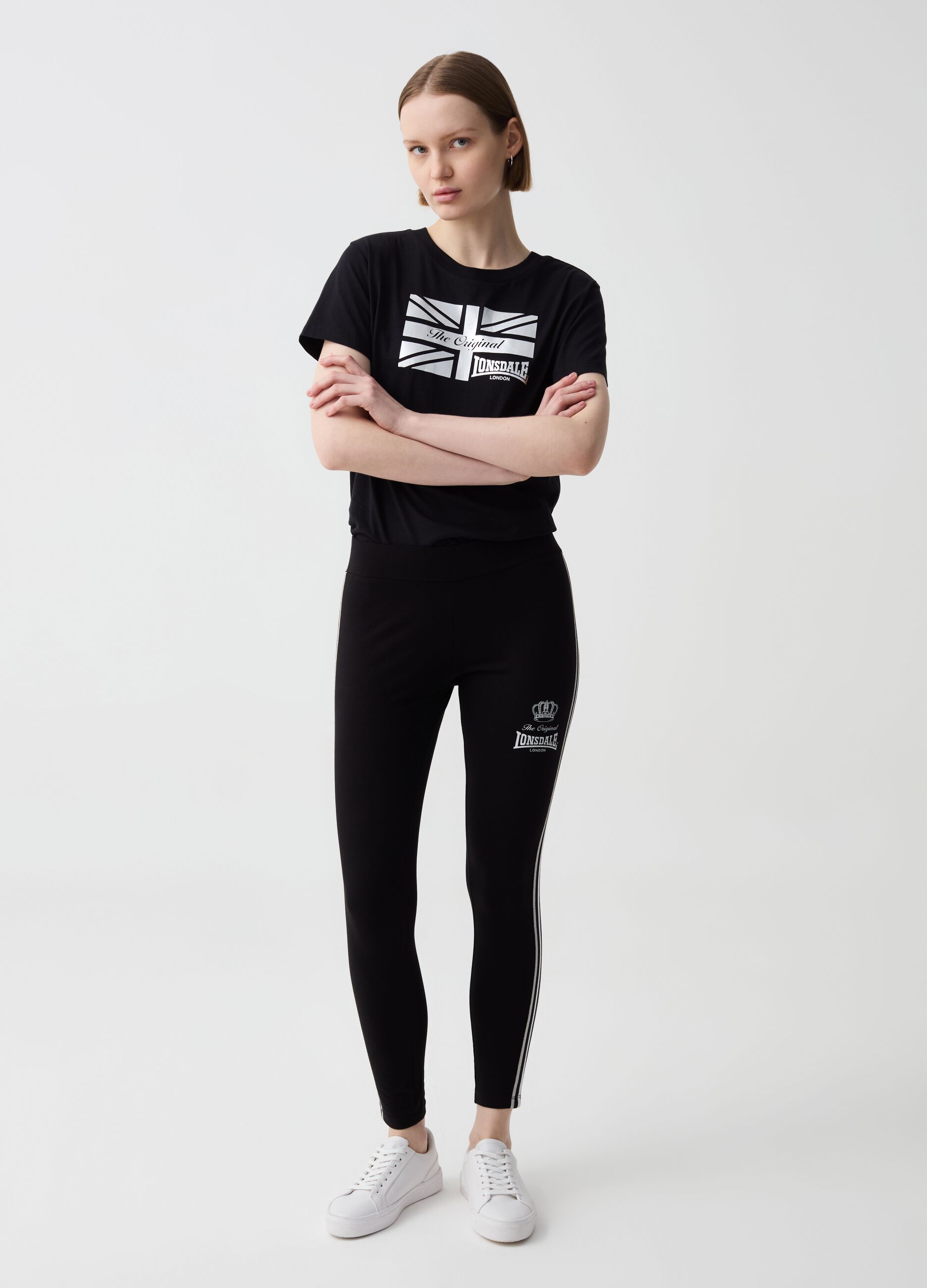 Leggings with striped bands and logo print
