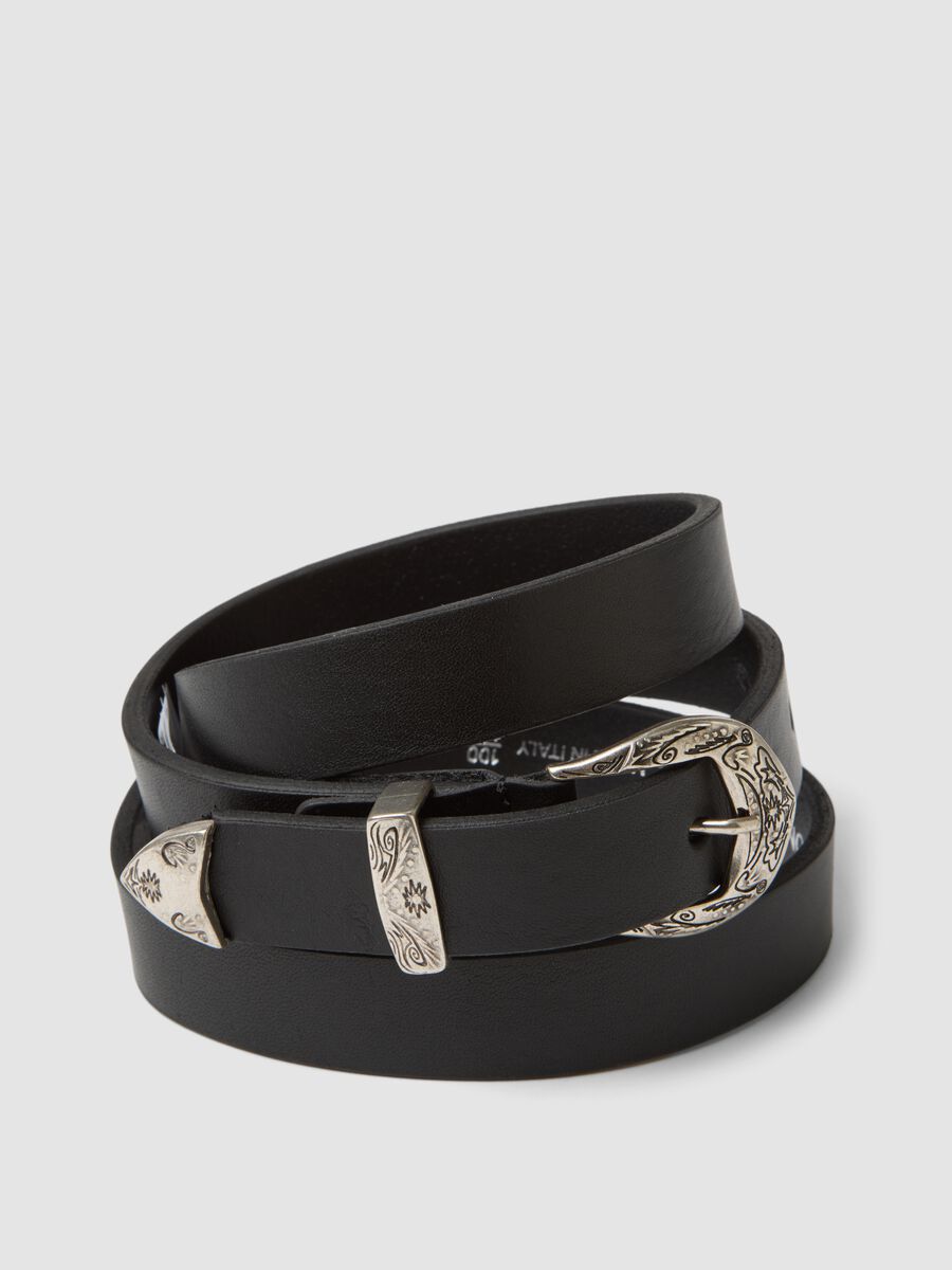 Black genuine leather belt with engraved buckle_2