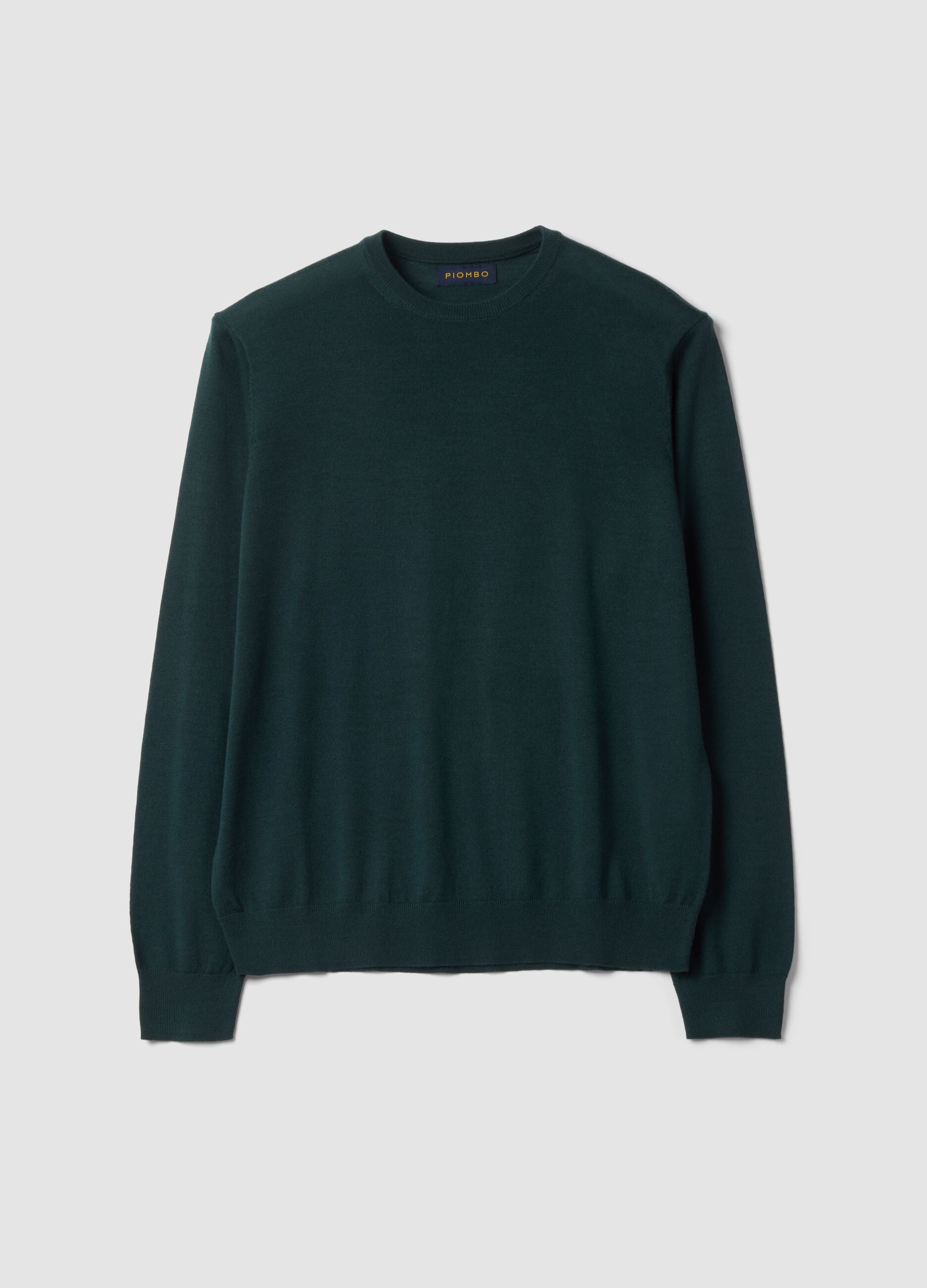 Green pure merino wool crew-neck jumper, regular fit