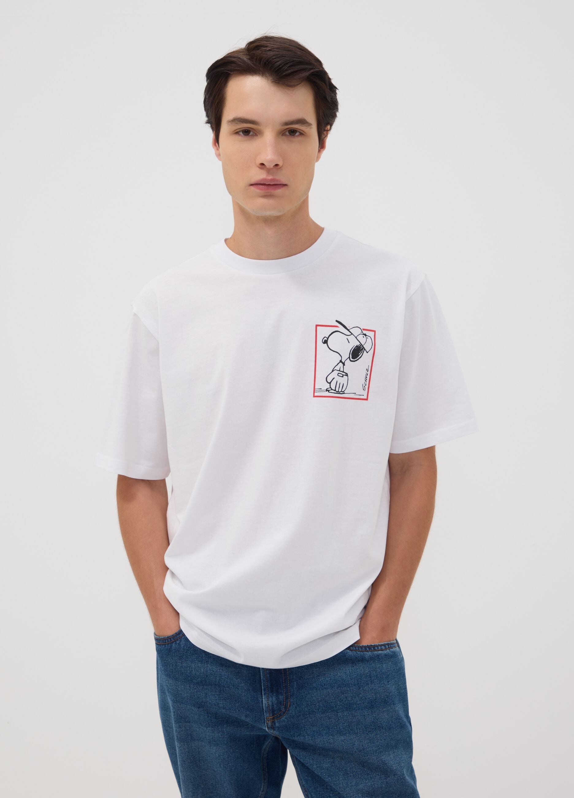 White pure cotton Peanuts print T-shirt, relaxed fit