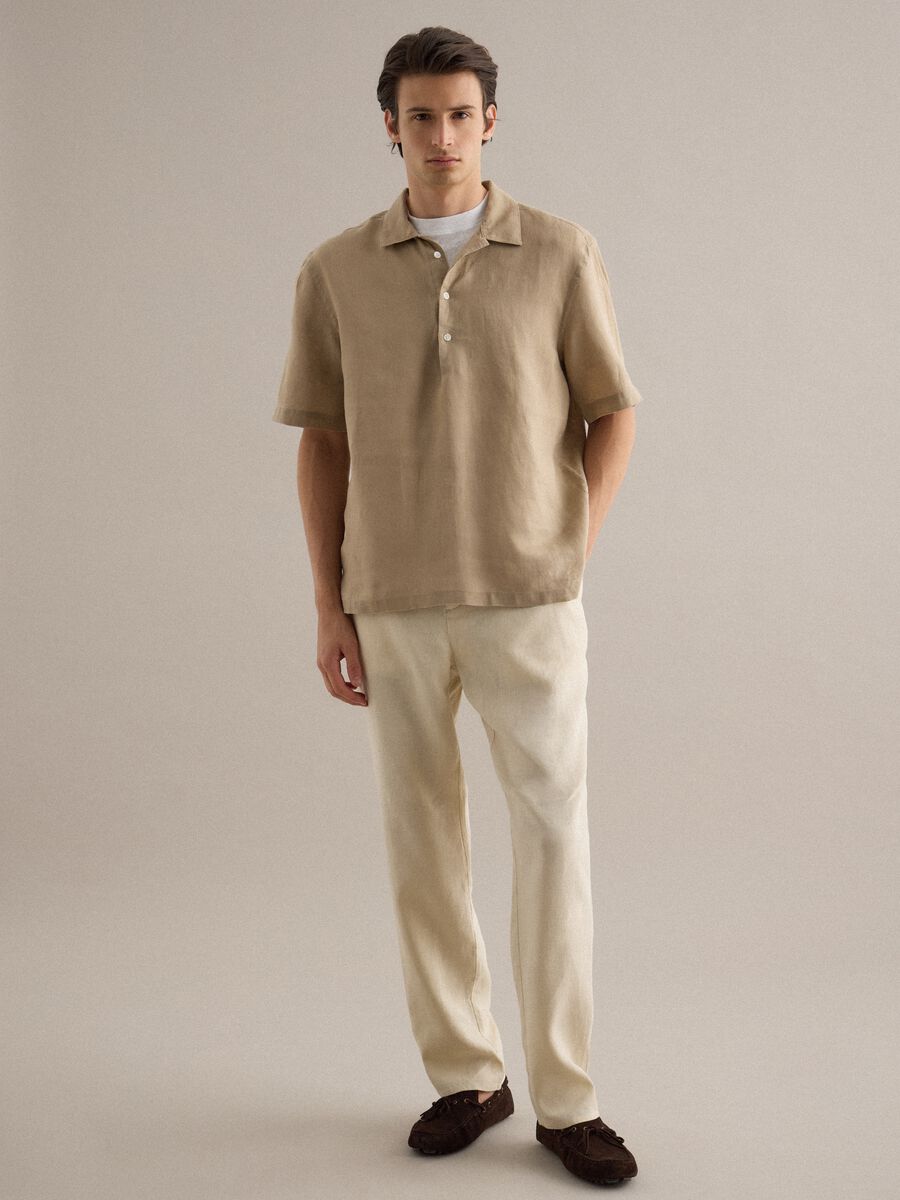 Beige pure linen regular fit shirt with bowling collar_2