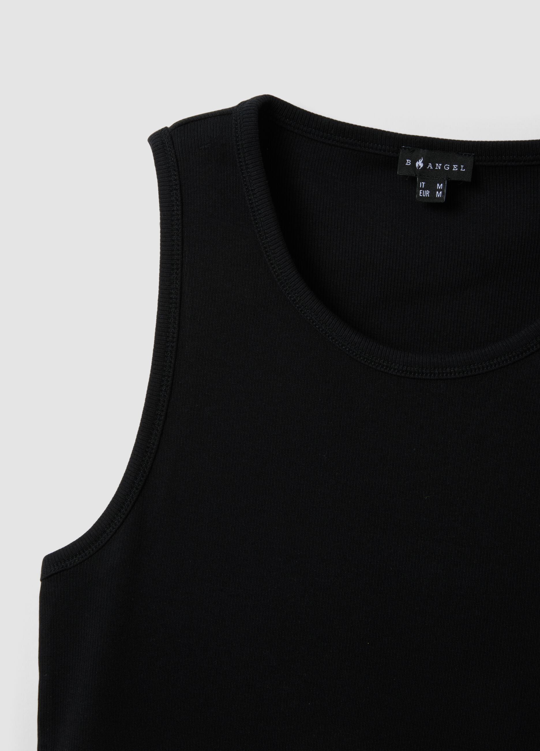 Black ribbed stretch-cotton fitted tank top