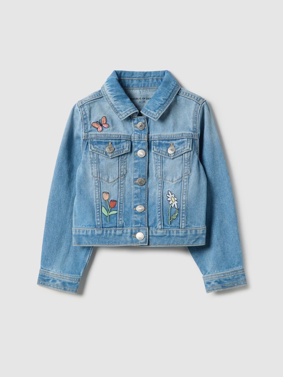 Blue regular fit pure cotton denim jacket with embellishments_0