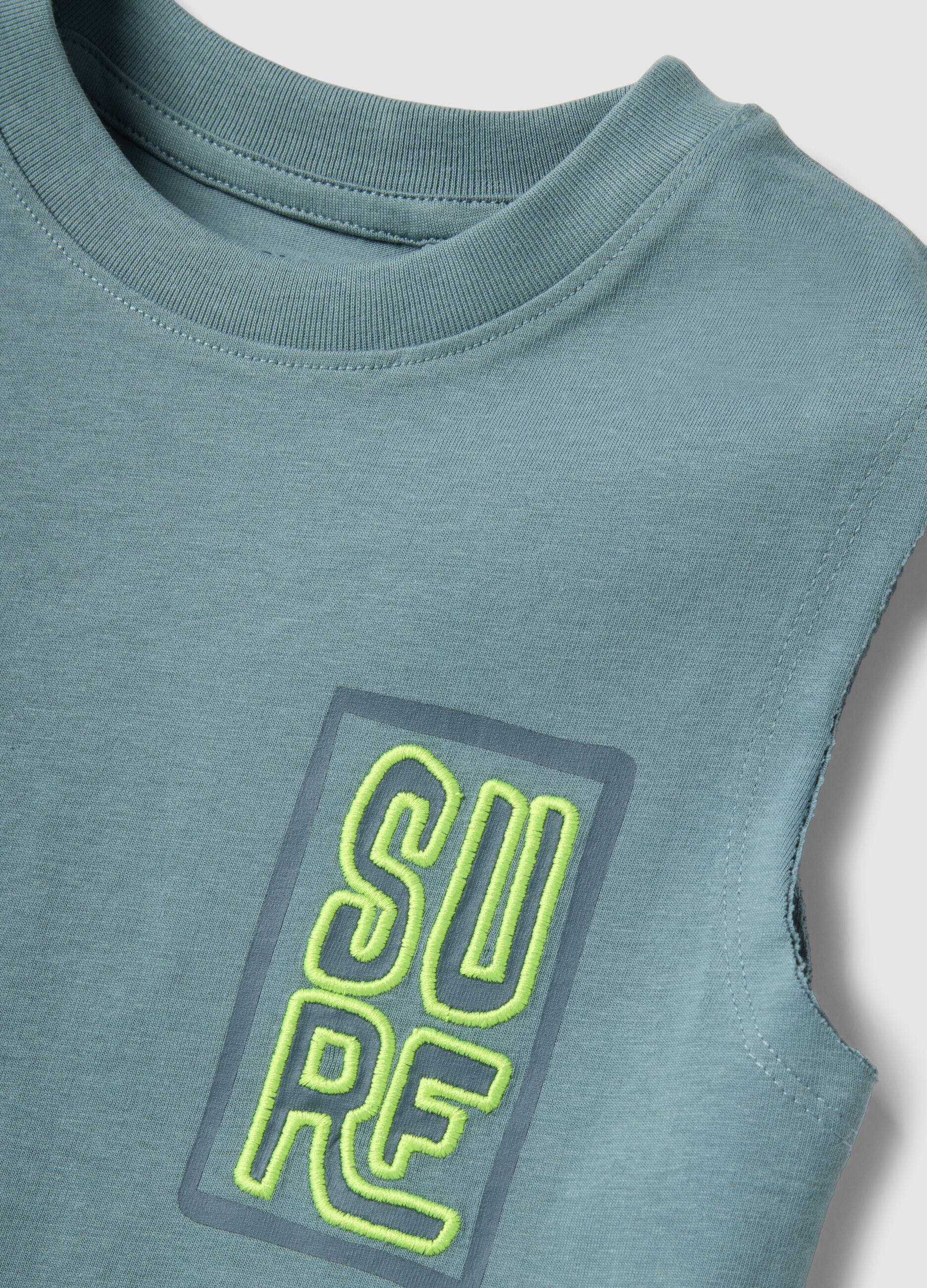 Green pure cotton printed vest top for boys, oversized fit