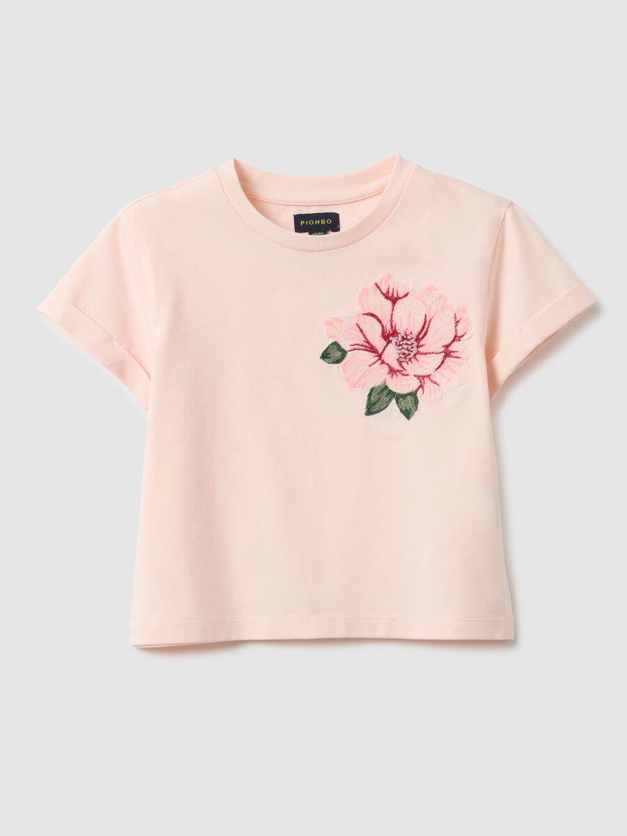 T-shirt fille en m&eacute;lange de coton rose, coupe r&eacute;guli&egrave;re avec broderie florale_0