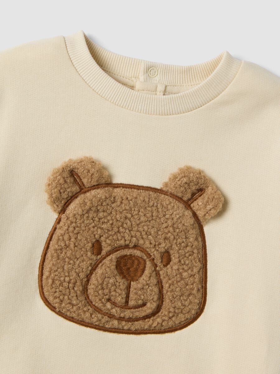 Beige pure cotton crew-neck sweatshirt with teddy bear_1