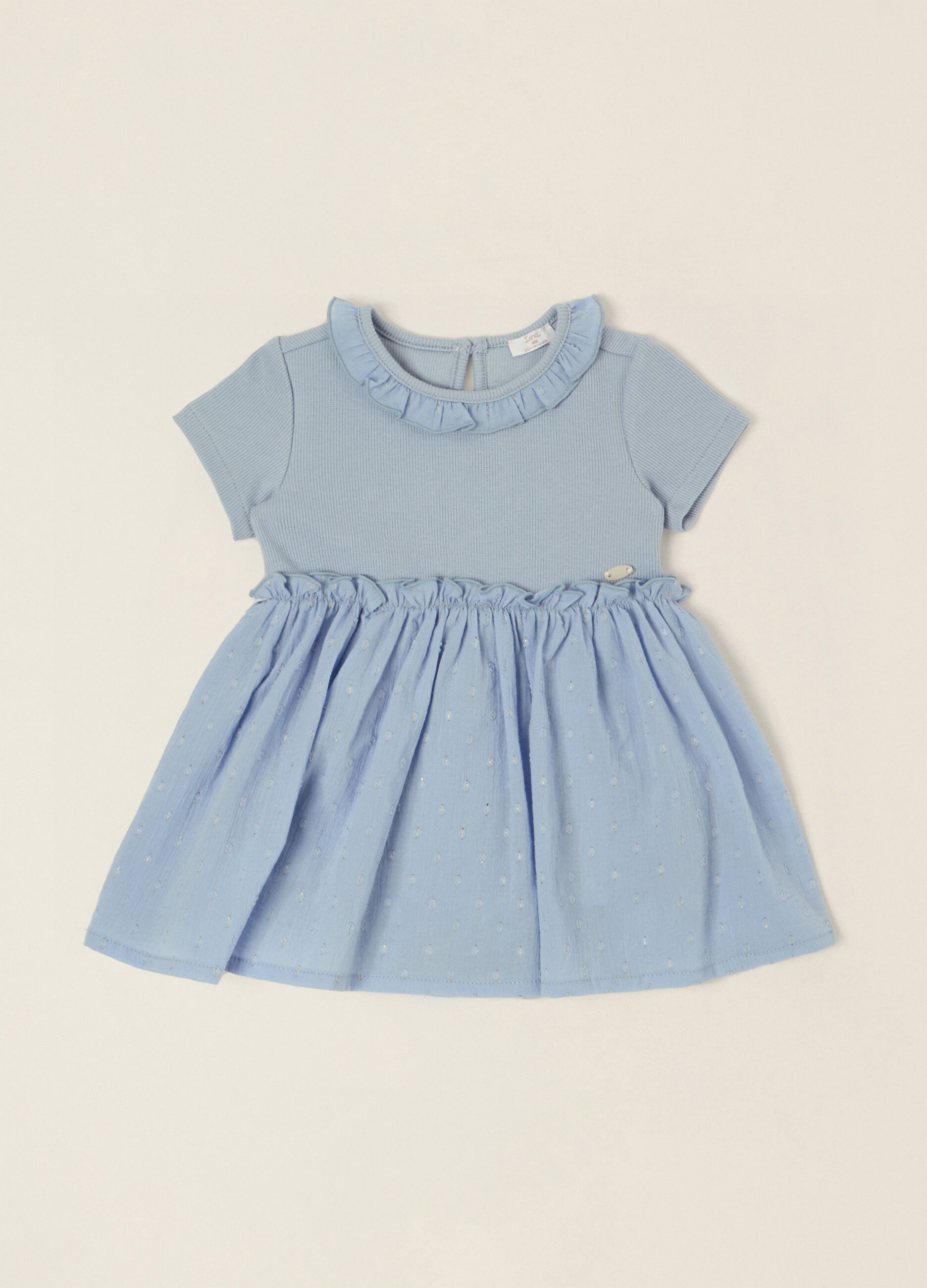 Baby Girl Light Blue Romper with Decorative Collar in Stretch Cotton