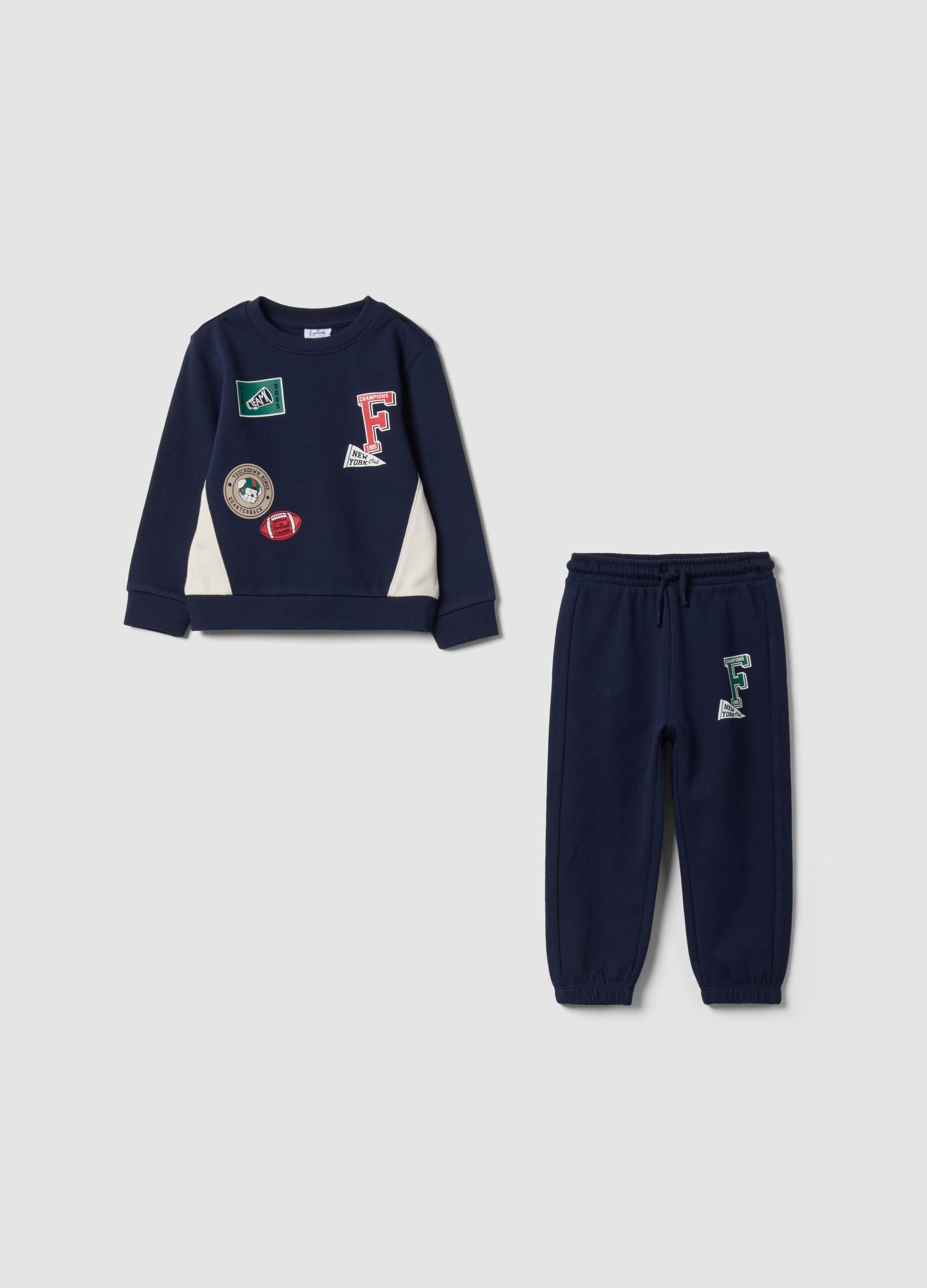 Blue pure cotton jogger set with sporty appliqu&eacute;s for baby boy