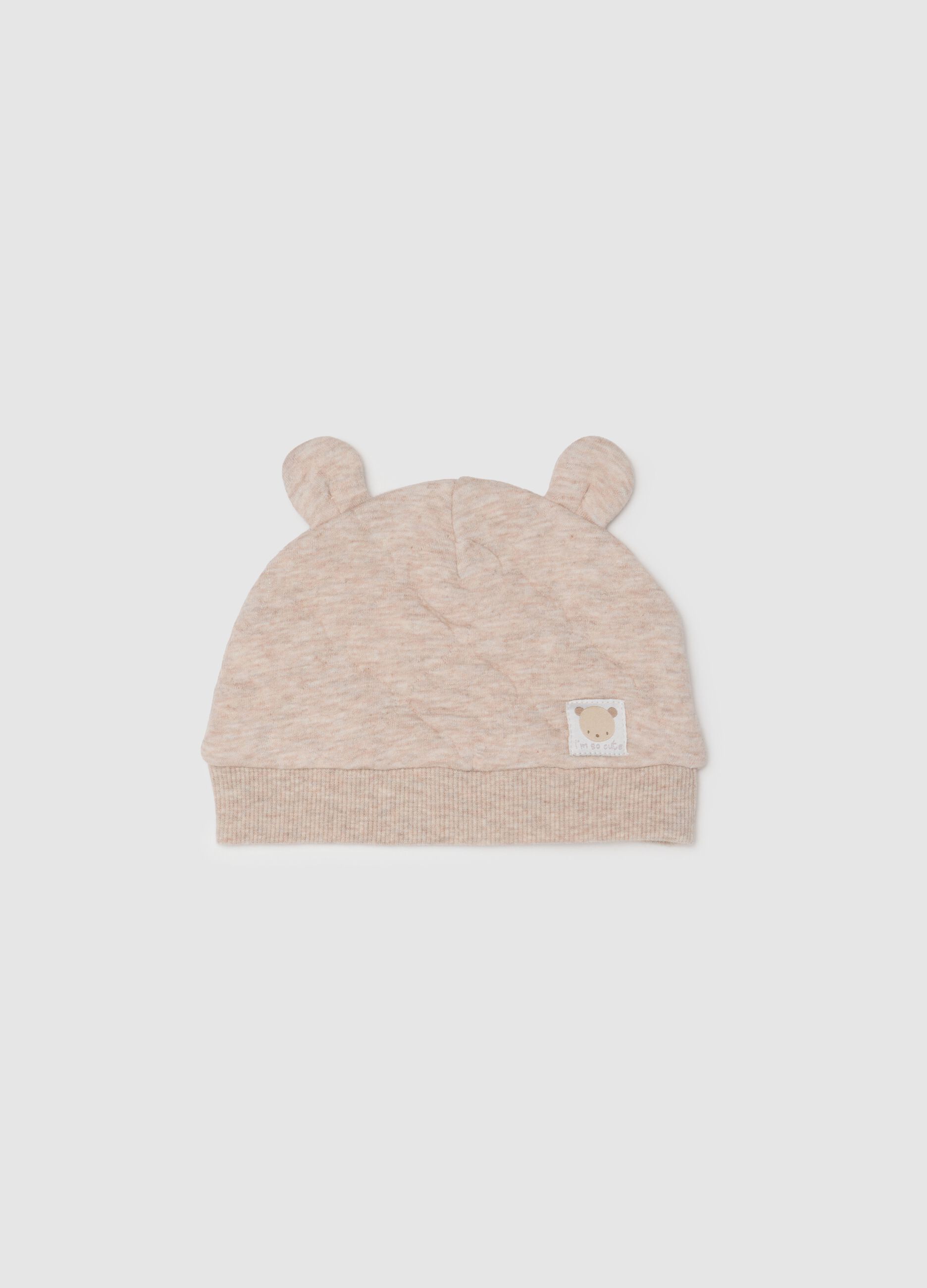 Beige cotton baby cap with ears