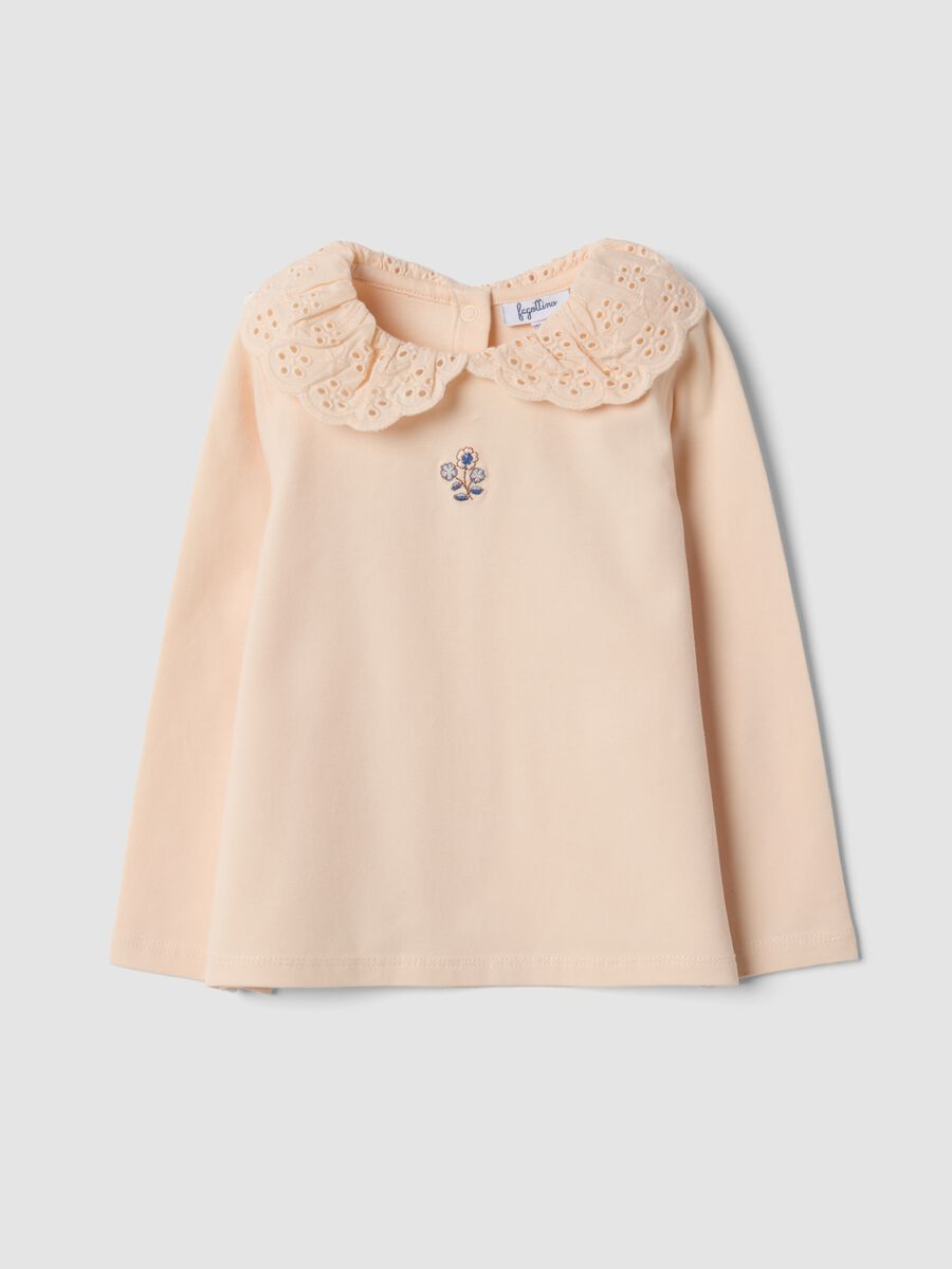 Orange organic stretch cotton top with broderie anglaise collar_0