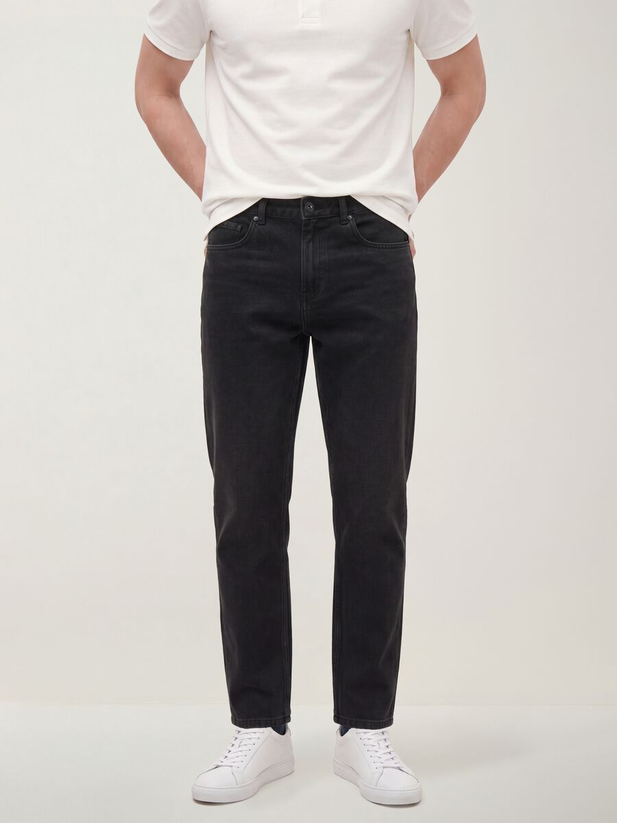 Black regular tapered jeans in a cotton, lyocell and viscose blend_1