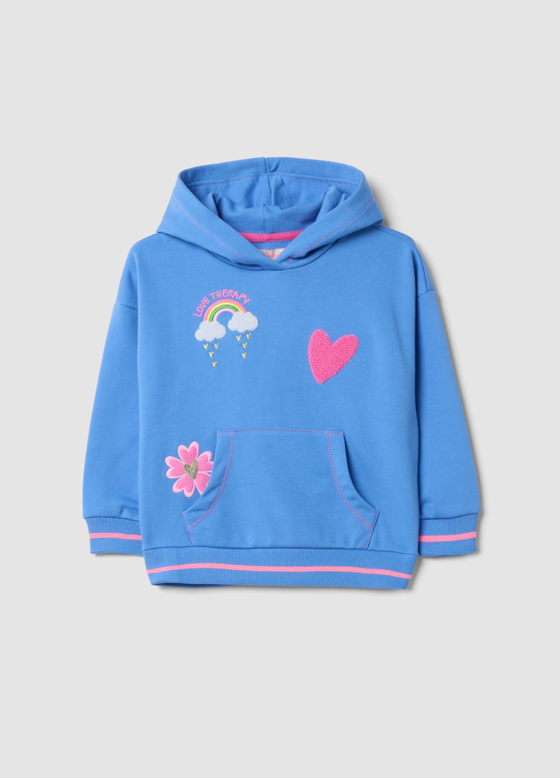 Blue cotton-blend hoodie with embroidered details, regular fit