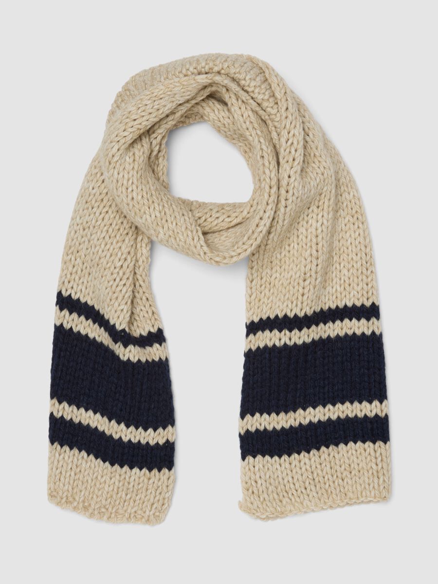 Sciarpa beige in misto lana a maglia con righe blu_0
