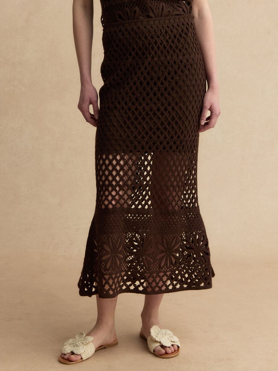 Langer brauner Maxi-Rock aus Baumwollmix, Regular Fit mit Strickdesign_1