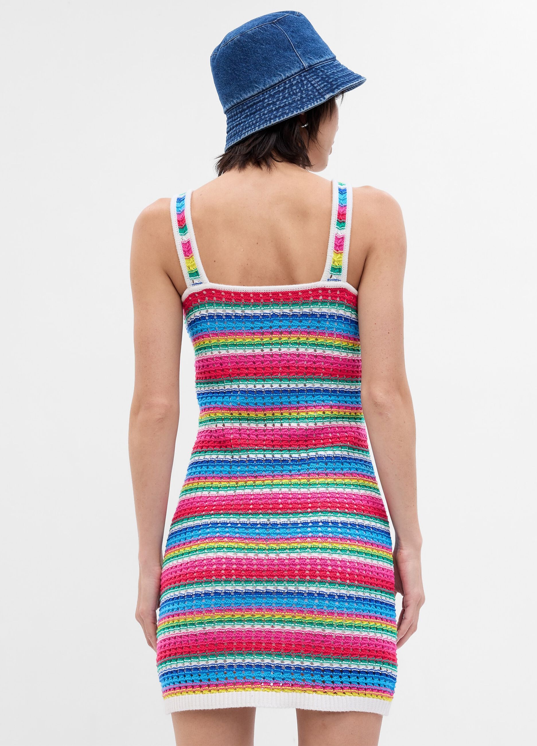 Short crochet dress with multicoloured stripes