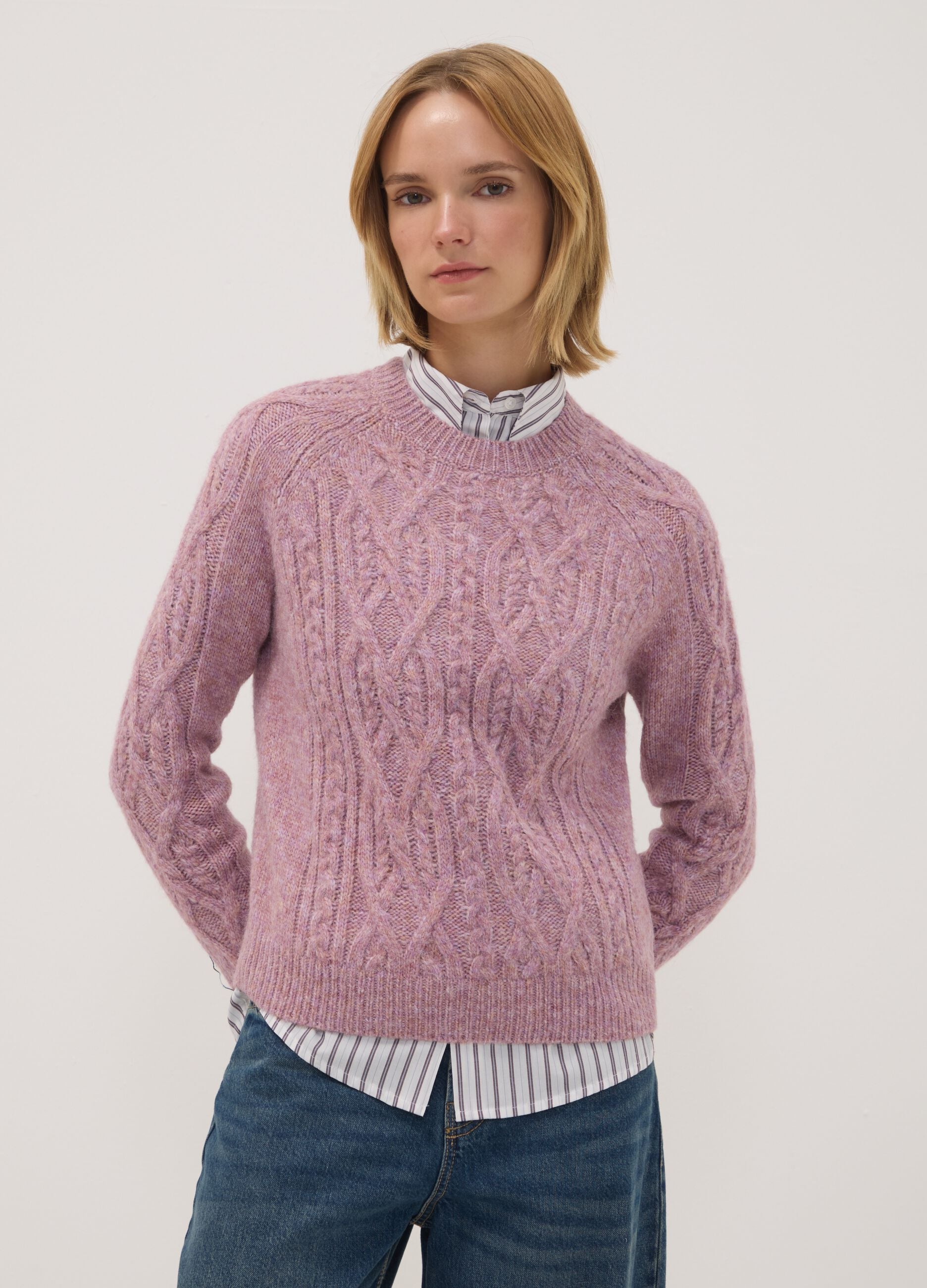 Pink wool-blend cable-knit crew neck jumper