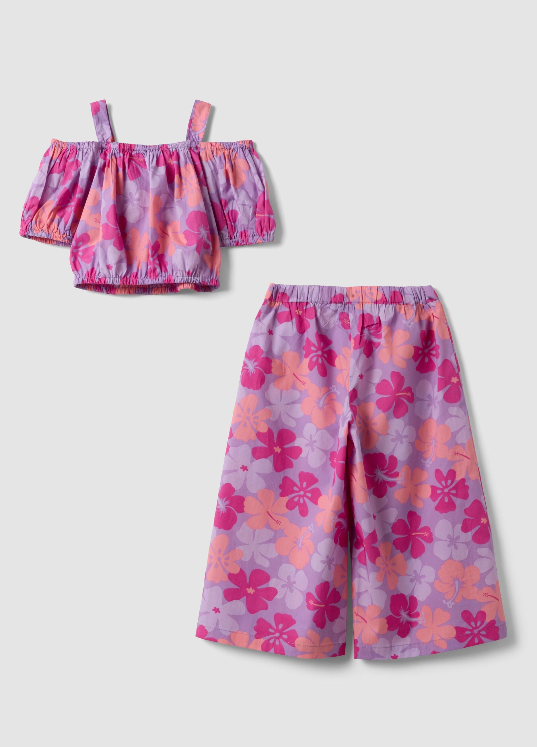 Conjunto roxo em algod&atilde;o puro com top e cal&ccedil;as de padr&atilde;o floral