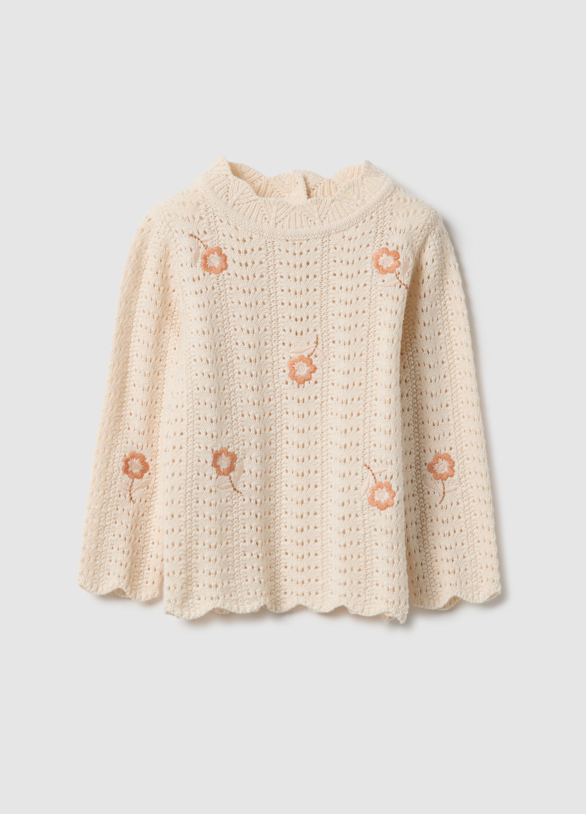 Camisa perfurada em algod&atilde;o puro bege para meninas, ajuste regular com bordados