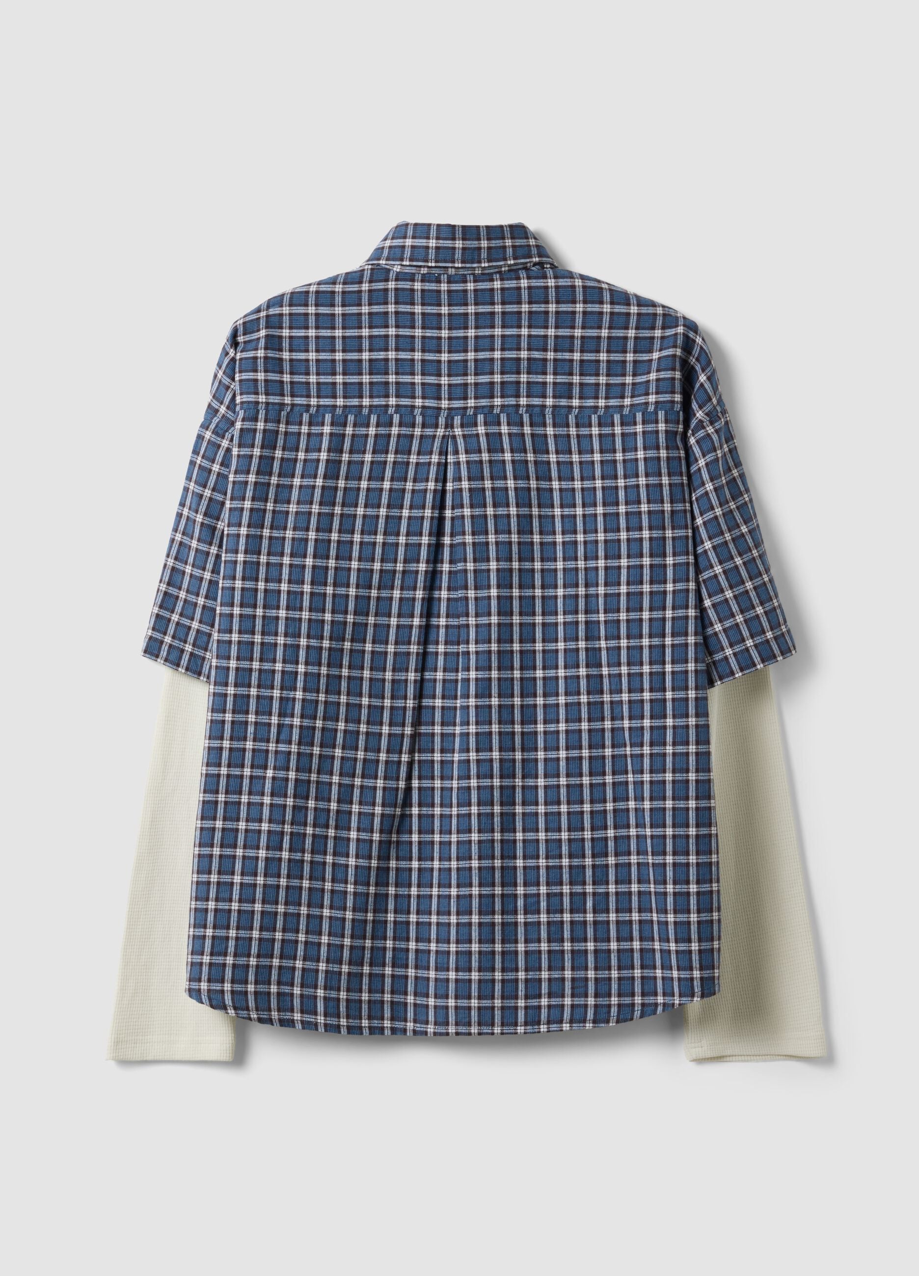 Blue checked cropped pure cotton shirt with layered over-fit sleeves