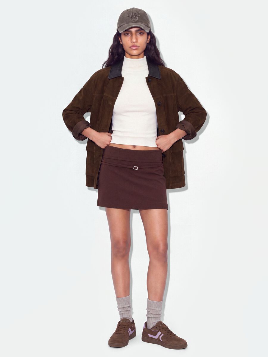 Brown stretch viscose mini skirt with belt_0
