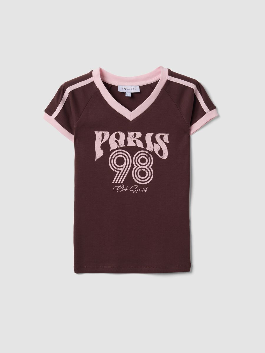 Brown pure cotton V-neck T-shirt with front print_0