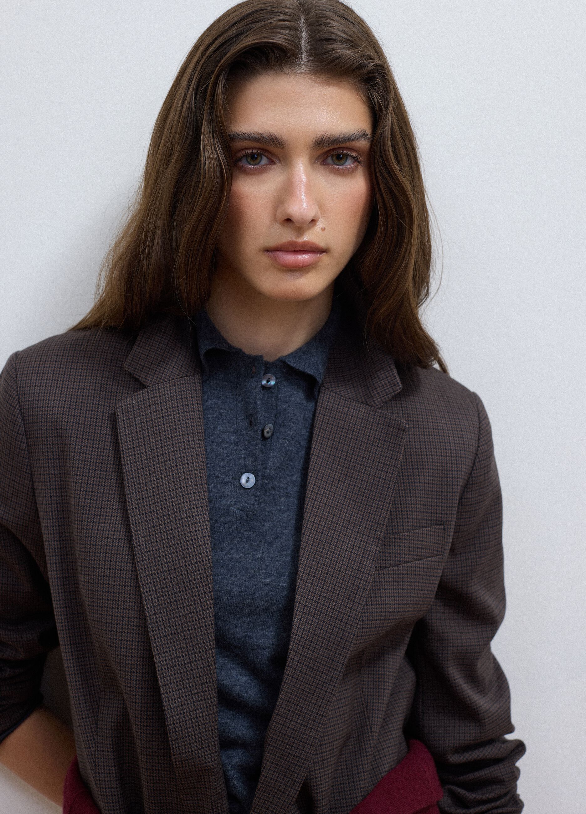 Blazer marron regular en viscose stretch &agrave; micro-carreaux
