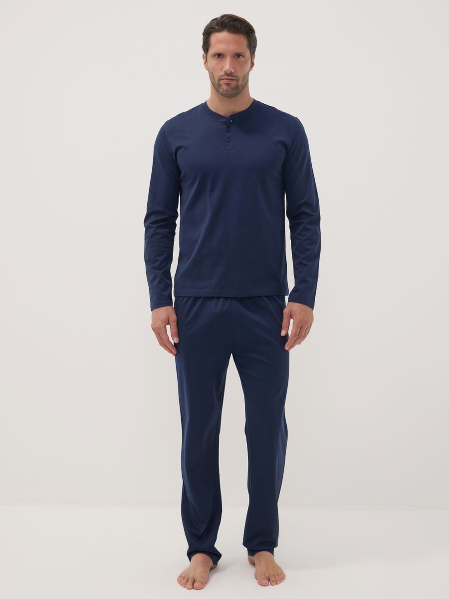 Blauer Pyjama aus reiner Bio-Baumwolle mit Serafino-Ausschnitt, Regular Fit_0