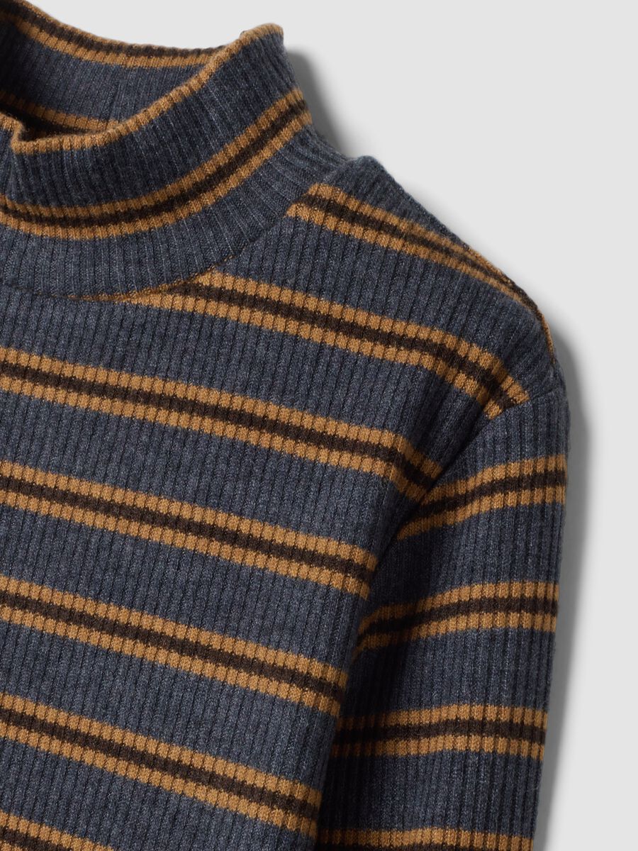 Blue striped stretch-fabric T-shirt with funnel neck_1