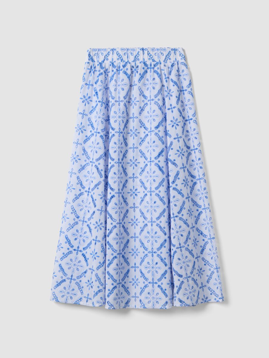 Blue organic cotton skirt with broderie anglaise embroidery_0