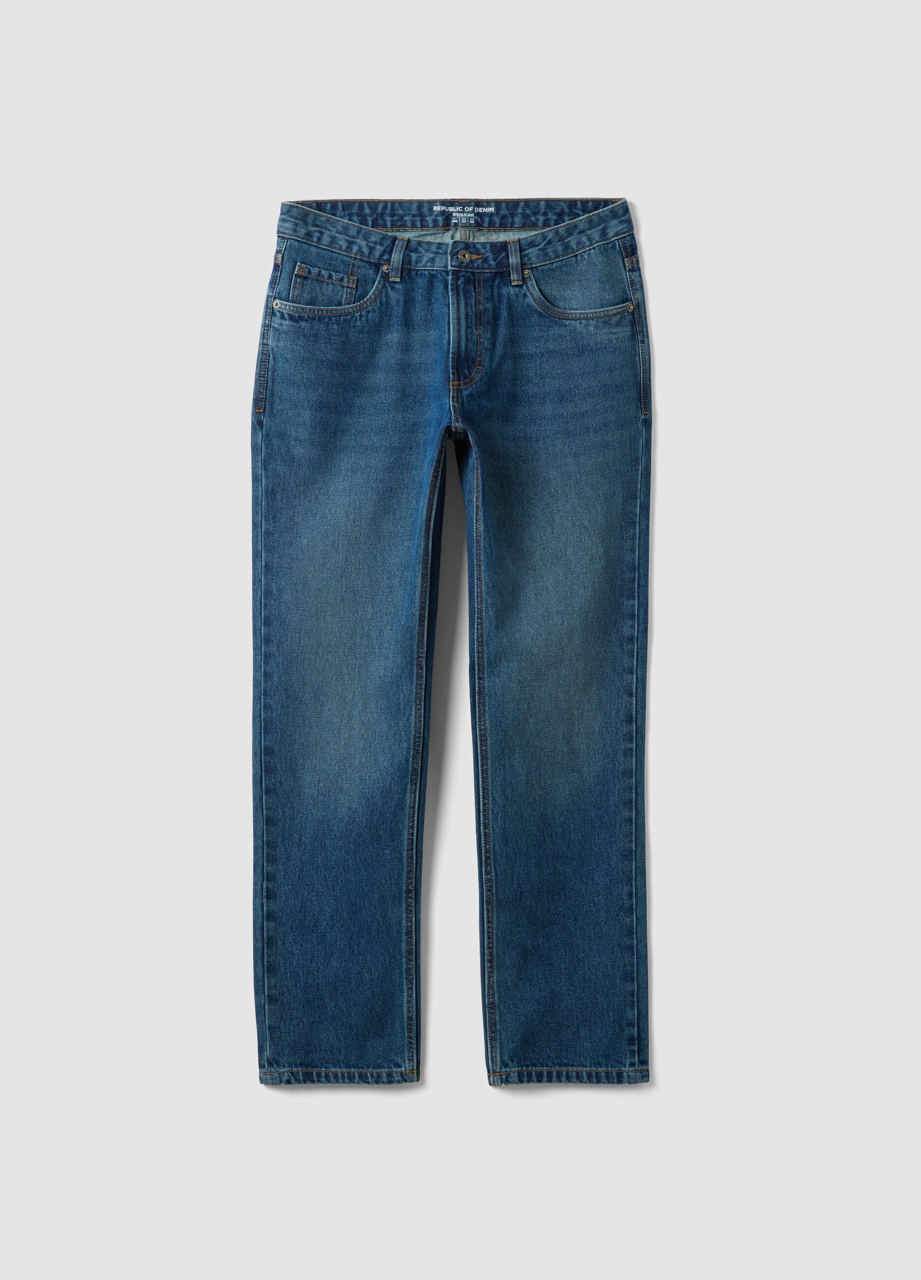 Blue denim jeans in pure cotton, regular fit