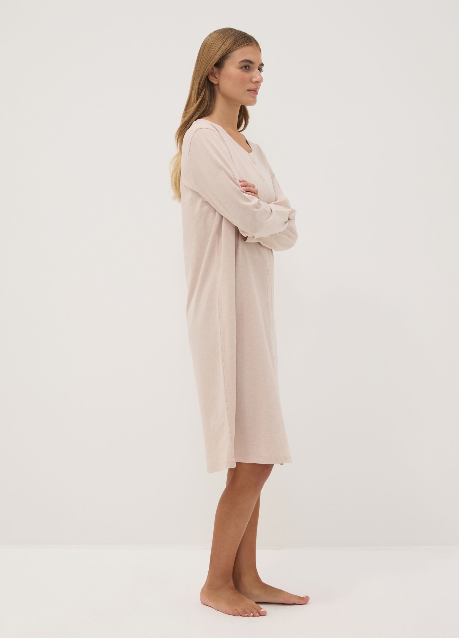 Beige organic cotton-blend jersey nightdress with crew neck