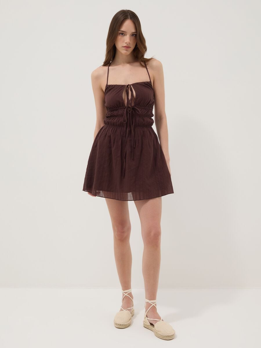 Brown pure cotton mini dress with thin straps, regular fit_1