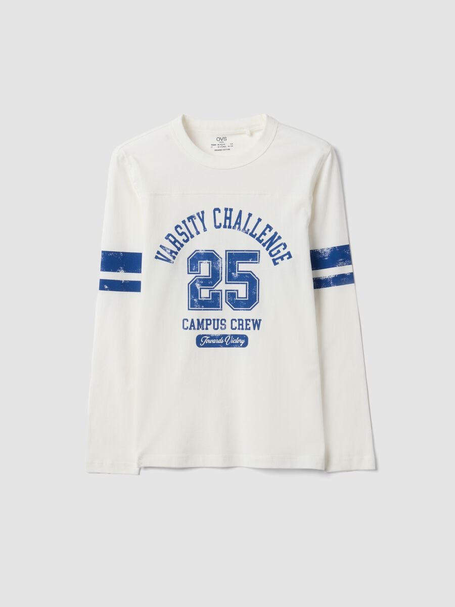 T-shirt bianca in puro cotone organico con stampa college per ragazzo_0