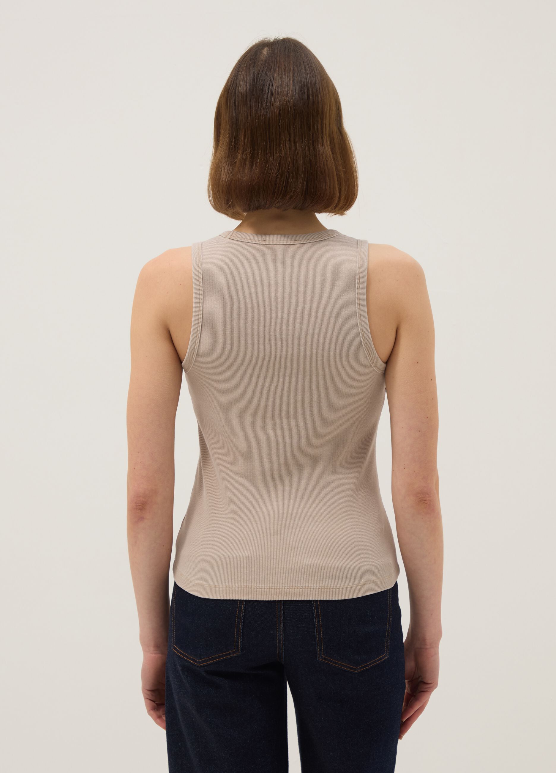 Beige stretch cotton vest top, regular fit