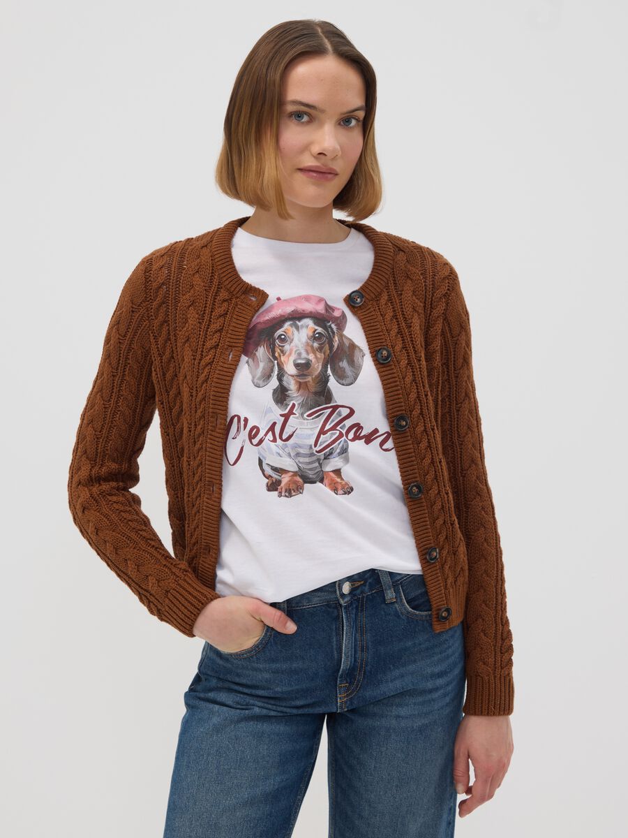 Brown cable-knit cotton-blend cardigan, regular fit_1