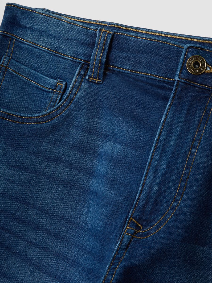 Blue Stretch Cotton Blend Denim Slim Fit Shorts_5