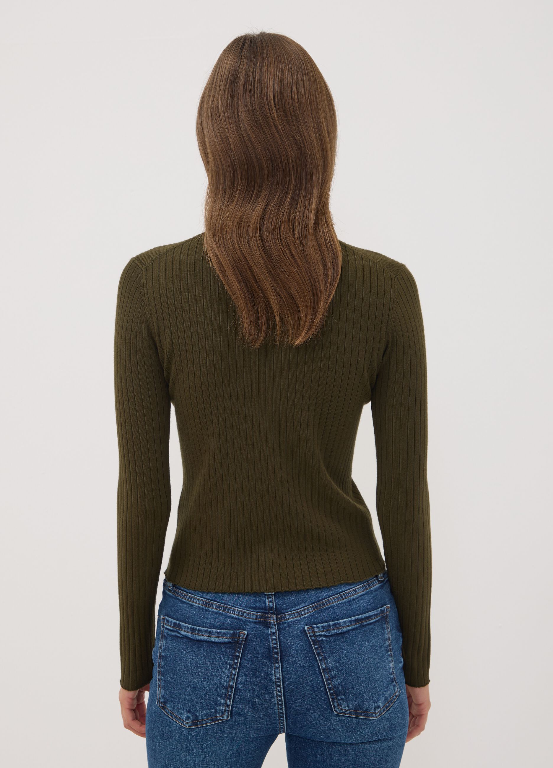 Green ribbed viscose-blend top with high neck