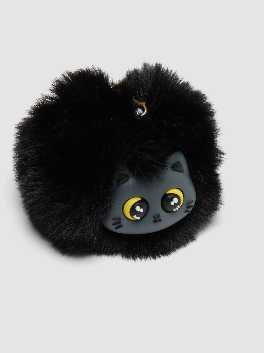 Portachiavi nero con pompon e gattino per bambina_1