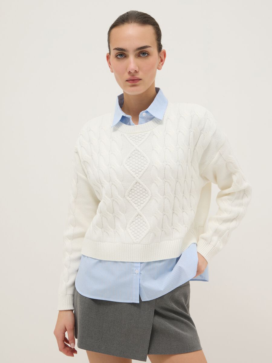 Wei&szlig;er Baumwollmix-Pullover im Regular Fit mit Zopfmuster_0