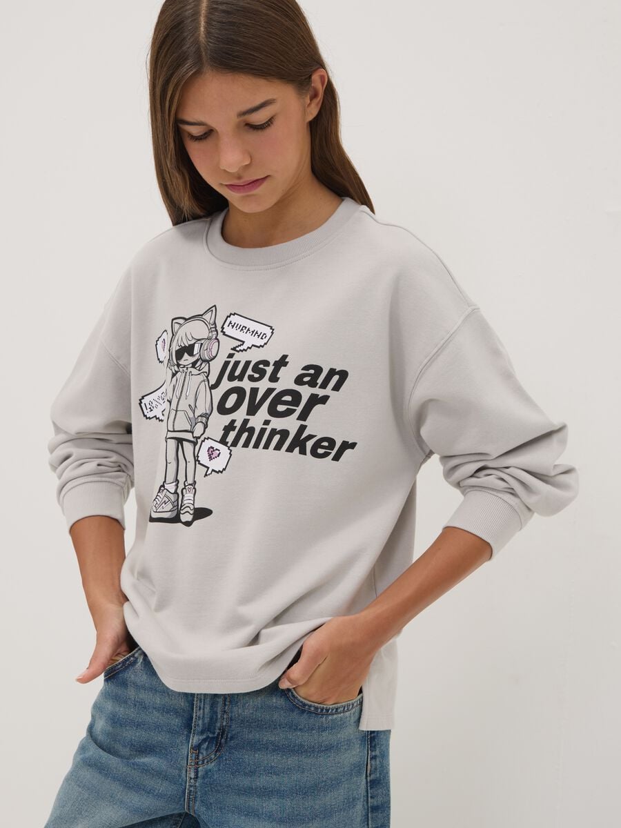 Grey pure cotton sweatshirt with ribbed neckline and print for girls_0