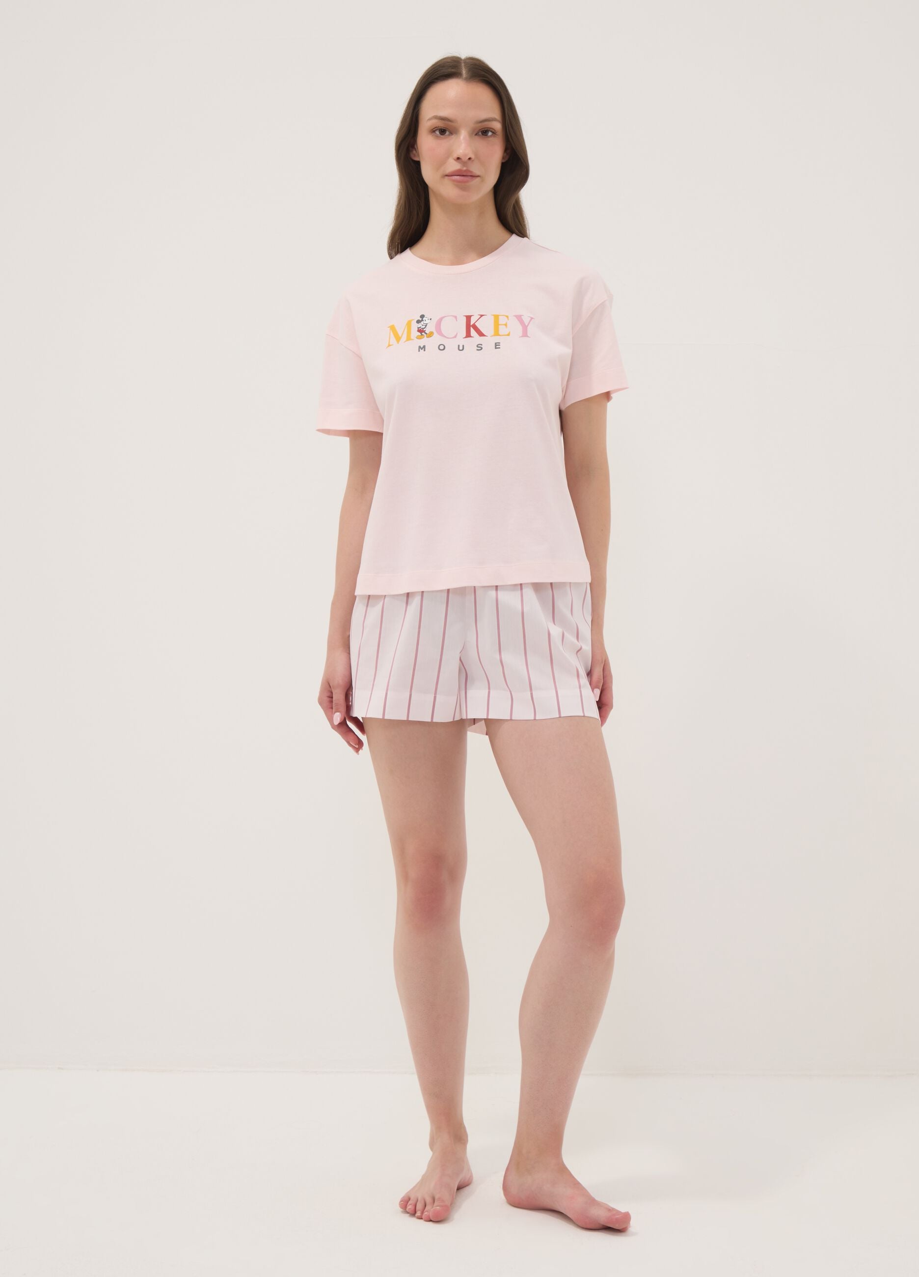 Pink organic cotton pyjama T-shirt with Mickey Mouse slogan
