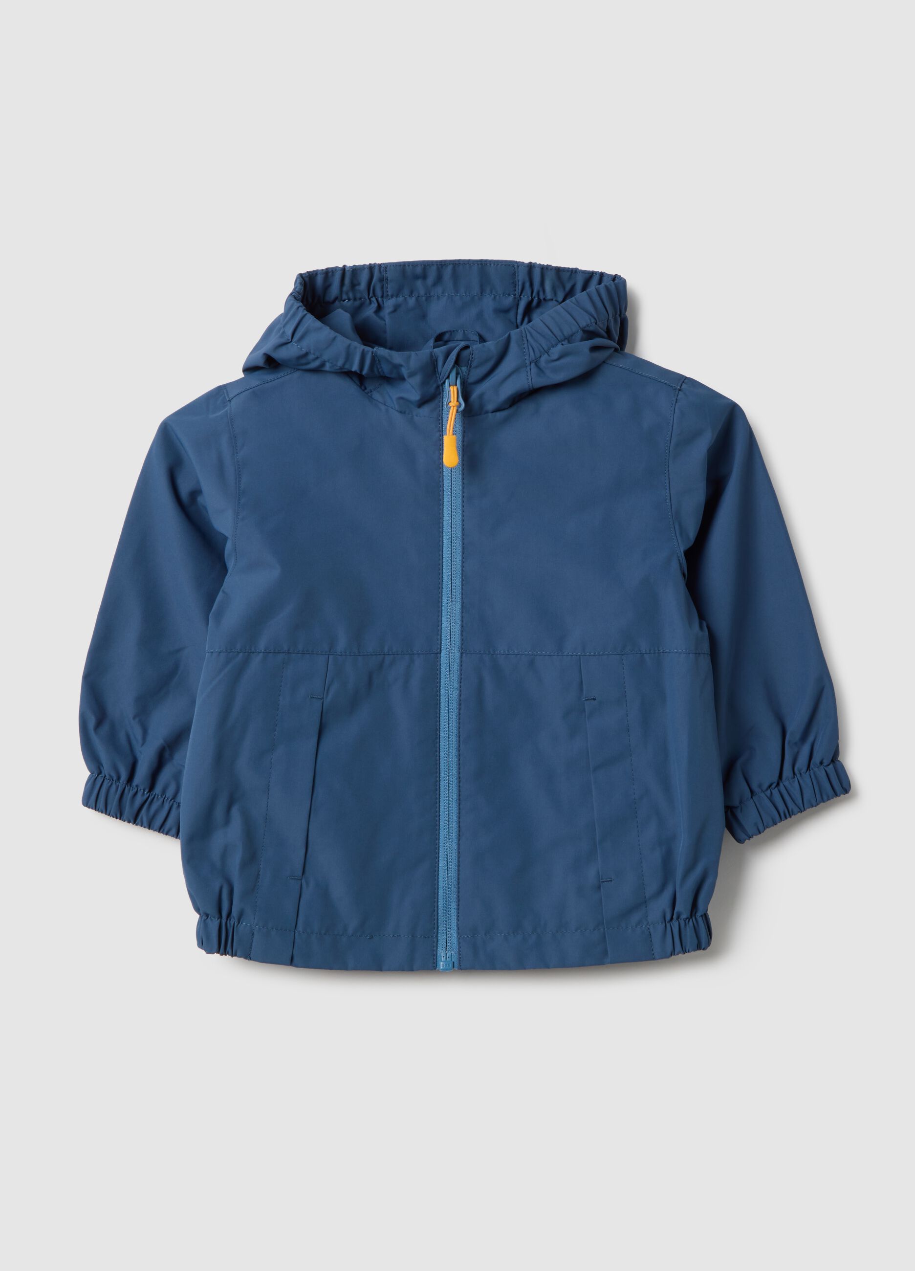 Blue lightweight children's jacket with full zip and hood, regular fit