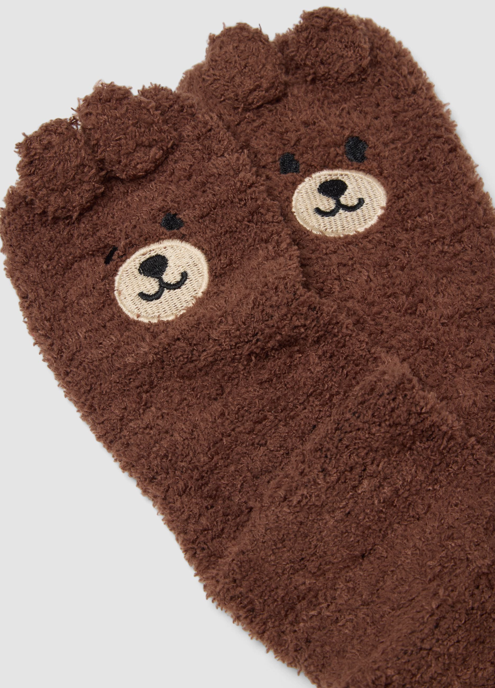 Brown stretch-fabric socks with teddy bear motif