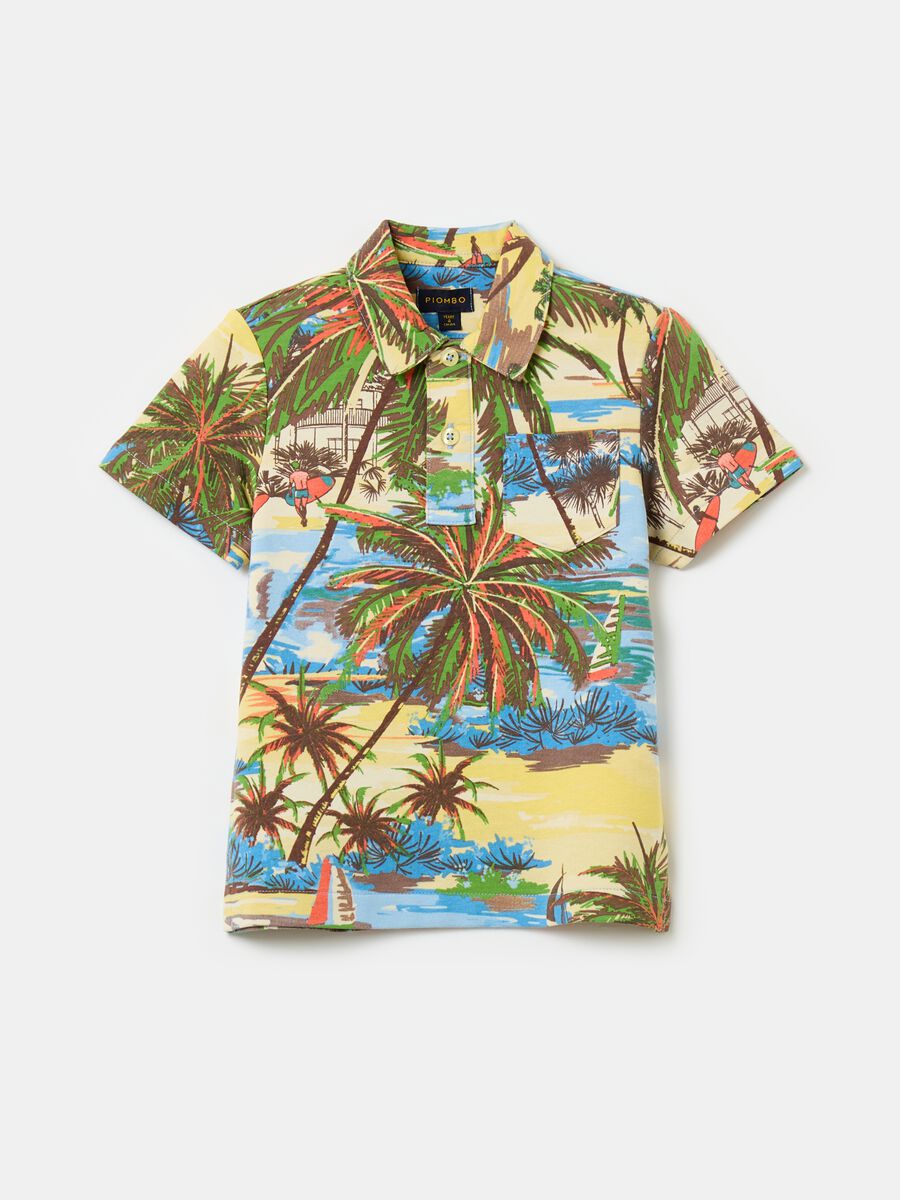 Cotton polo shirt with landscape print_0