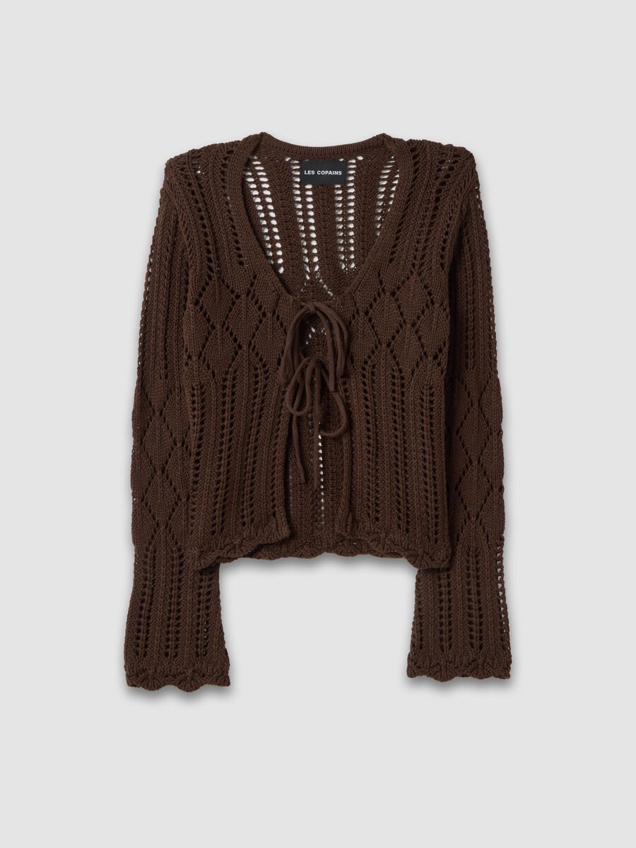 Brown pure cotton regular fit deep V openwork cardigan_4