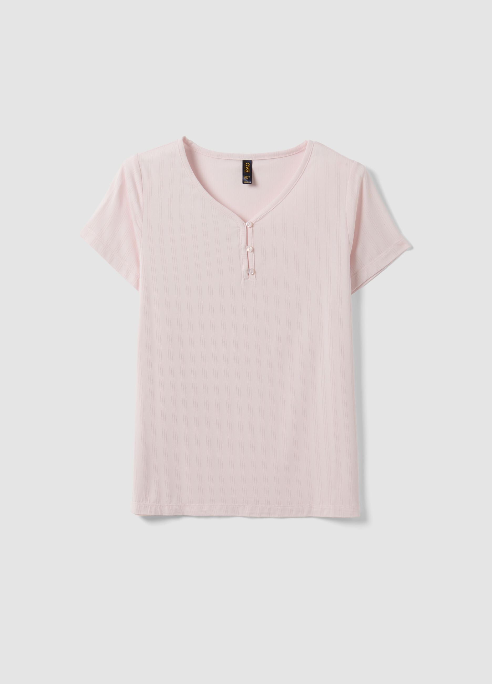 Pink stretch viscose pyjama T-shirt with V-neck