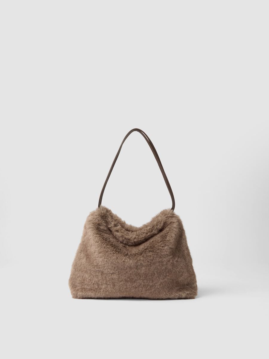 Borsa grigia a spalla con effetto peluche_0